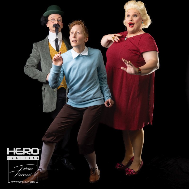 Cosplay trio Tintin (Hergé), Tintin Dupond et la Castafiore en pose théâtrale — Fabrice Fiorucci Photographe