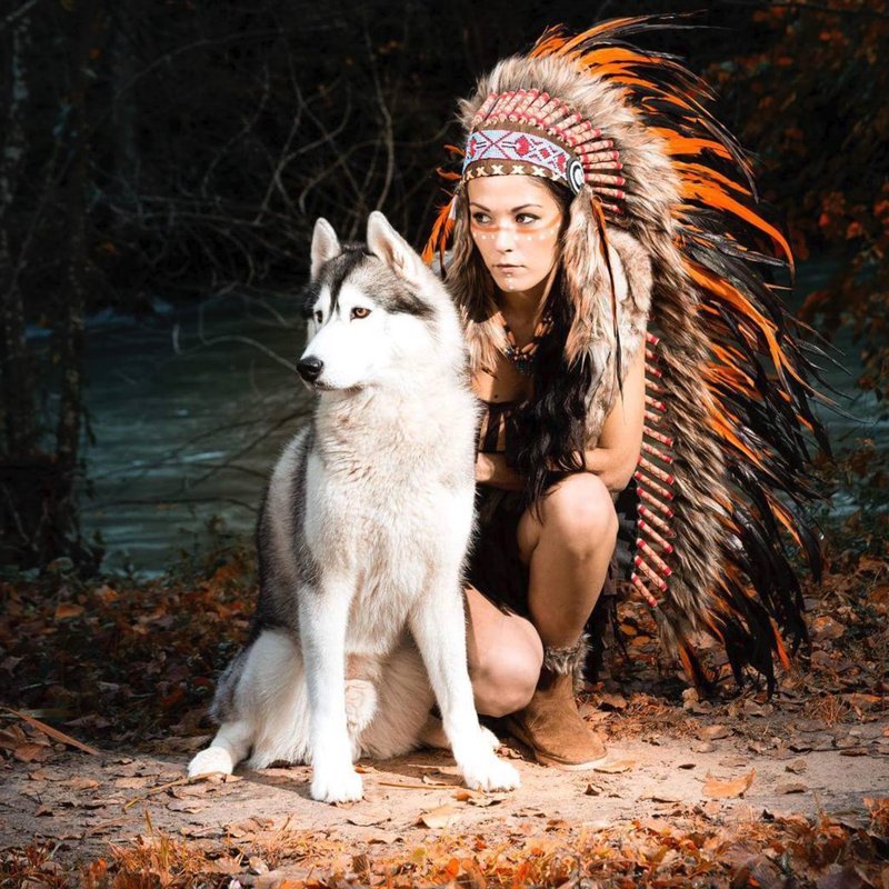 Cosplay amérindienne accompagnée d'un husky, coiffe à plumes en forêt automnale — Fabrice Fiorucci Photographe