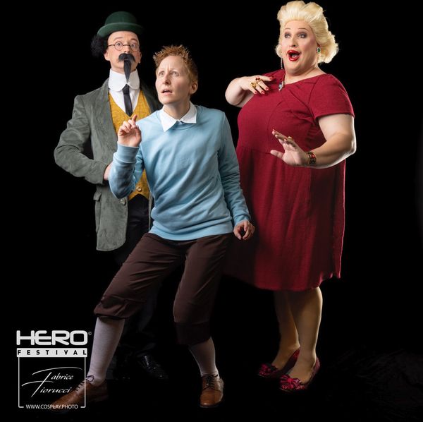 Cosplay trio Tintin (Hergé) — Tintin, Dupond et la Castafiore en posture théâtrale — Fabrice Fiorucci Photographe